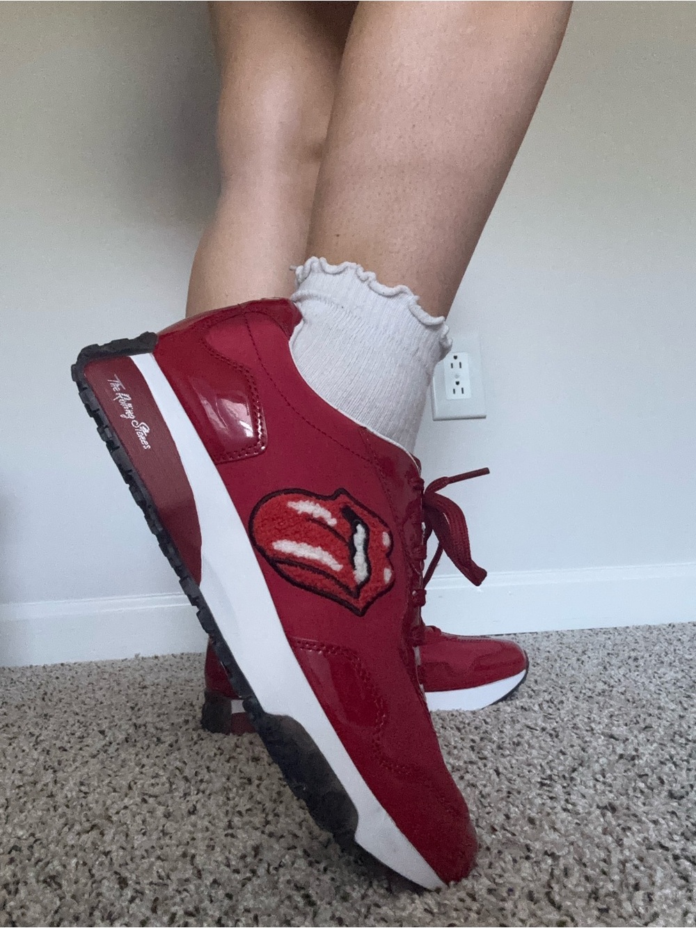 NEW Skechers Red Patent Women's Sneakers with Rolling Stones Tongue Logo Sz 9.5